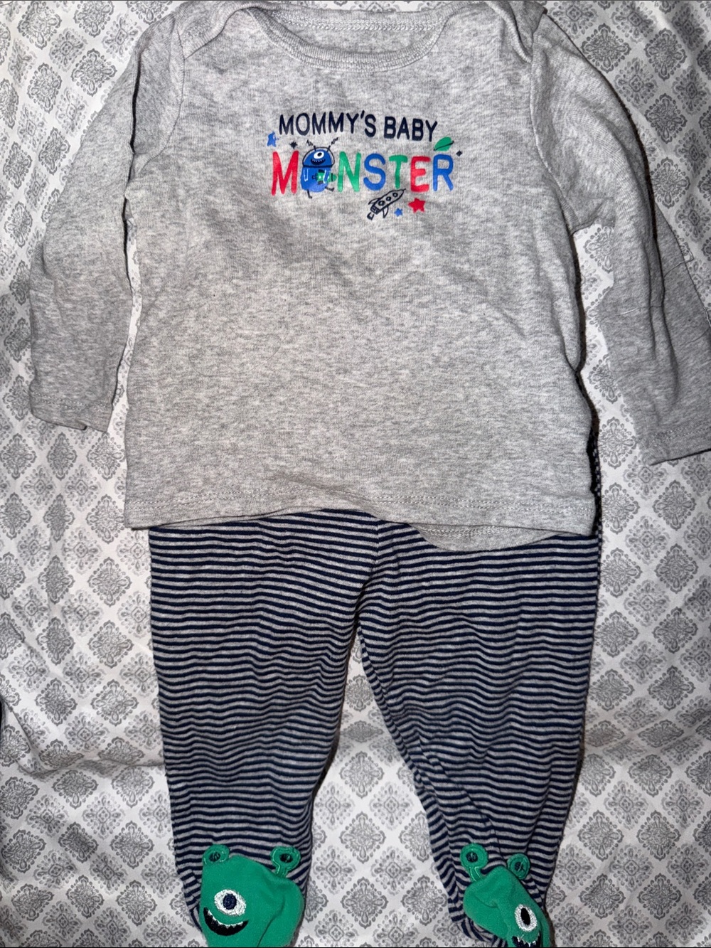 Baby Gray 'Mommy's Baby Monster' Pajama Set with Navy Stripes